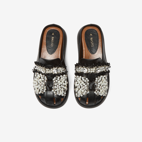 百思图2024夏季新款时尚休闲通勤珍珠穆勒鞋厚底女拖鞋W3221BH4