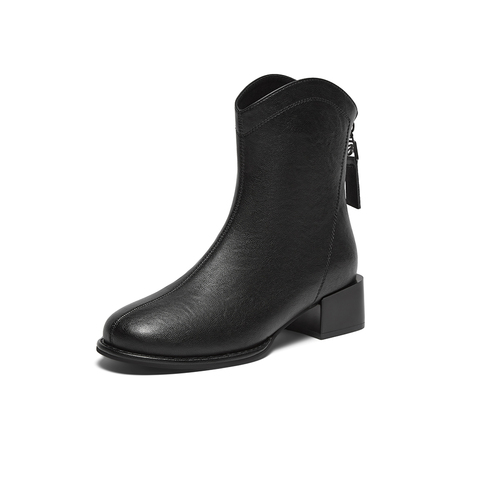 百思图2024冬季新款商场同款简约通勤时装靴粗跟女短靴M5703DD4