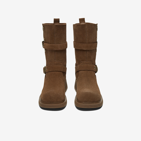 百思图2024冬季新款西部牛仔靴粗跟复古圆头废土风时装靴BP310DZ4