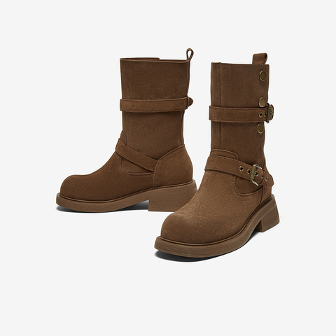 百思图2024冬季新款西部牛仔靴粗跟复古圆头废土风时装靴BP310DZ4