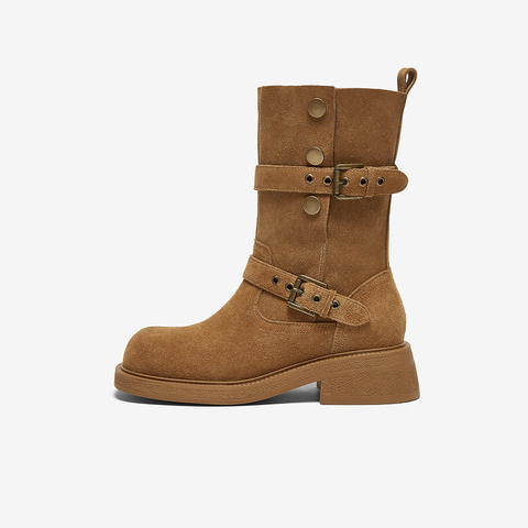 百思图2024冬季新款西部牛仔靴粗跟复古圆头废土风时装靴BP310DZ4