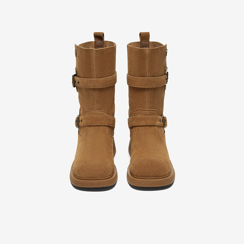 百思图2024冬季新款西部牛仔靴粗跟复古圆头废土风时装靴BP310DZ4