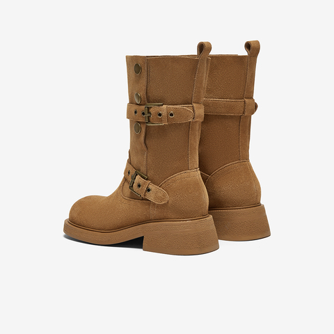 百思图2024冬季新款西部牛仔靴粗跟复古圆头废土风时装靴BP310DZ4