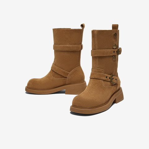 百思图2024冬季新款西部牛仔靴粗跟复古圆头废土风时装靴BP310DZ4