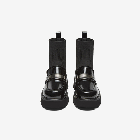 百思图2024冬季新款时尚潮流学院风袜靴粗跟圆头女短靴VUN04DD4