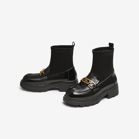 百思图2024冬季新款商场同款时尚潮流通勤袜靴粗跟女短靴TFW96DZ4