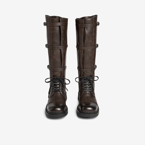 百思图2024冬季新款时尚复古街头骑士靴粗跟女长靴BG601DG4