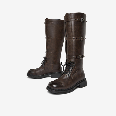 百思图2024冬季新款时尚复古街头骑士靴粗跟女长靴BG601DG4