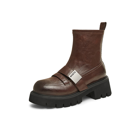 百思图2024冬季新款时尚通勤弹力靴粗跟圆头女短靴VUN07DD4