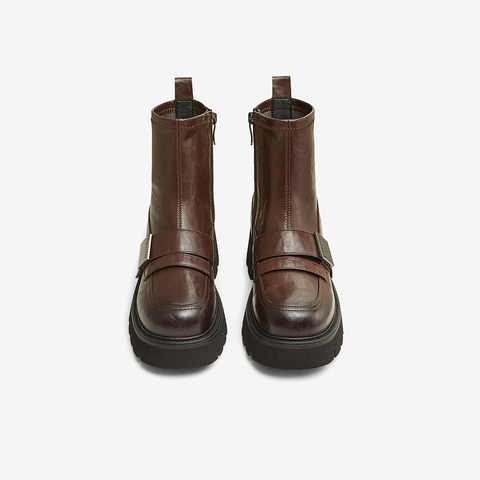 百思图2024冬季新款时尚通勤弹力靴粗跟圆头女短靴VUN07DD4