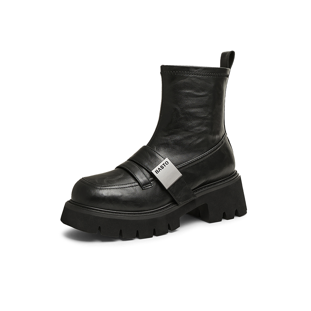 百思图2024冬季新款时尚通勤弹力靴粗跟圆头女短靴VUN07DD4