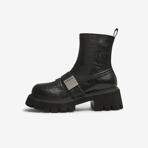 百思图2024冬季新款时尚通勤弹力靴粗跟圆头女短靴VUN07DD4