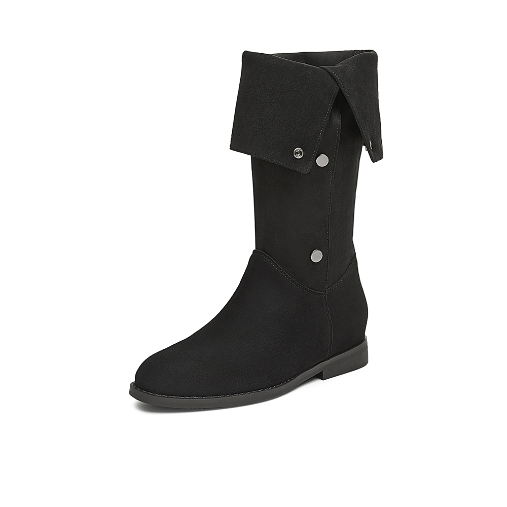 百思图2024冬季新款时尚简约街头弹力靴高筒靴粗跟女长靴W2671DG4