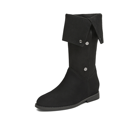 百思图2024冬季新款时尚简约街头弹力靴高筒靴粗跟女长靴W2671DG4