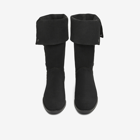 百思图2024冬季新款时尚简约街头弹力靴高筒靴粗跟女长靴W2671DG4