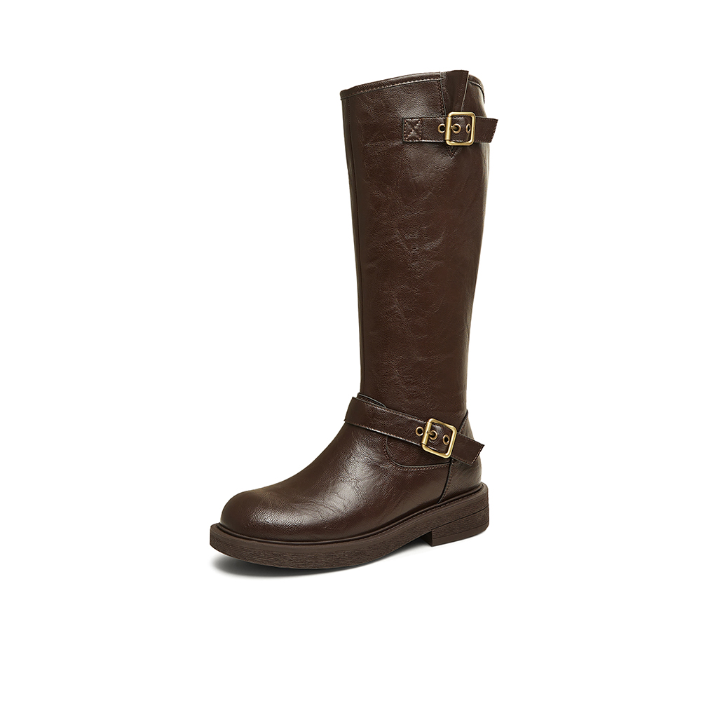 百思图2024冬季新款时尚户外街头骑士靴高筒靴粗跟女长靴W0819DG4