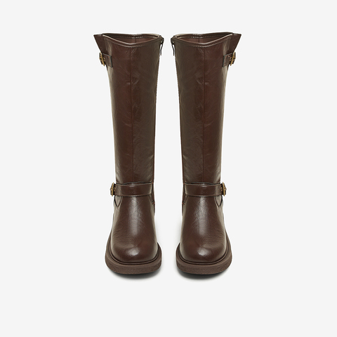 百思图2024冬季新款时尚户外街头骑士靴高筒靴粗跟女长靴W0819DG4