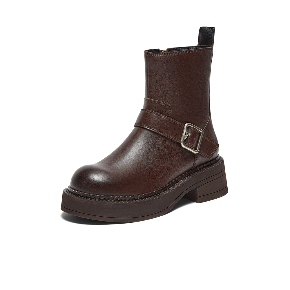 百思图2024冬季新款商场同款简约通勤时装靴粗跟女中靴RFA60DZ4