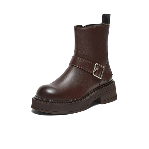 百思图2024冬季新款商场同款简约通勤时装靴粗跟女中靴RFA60DZ4