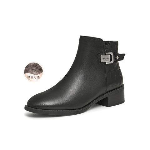 百思图2024冬季新款商场同款简约通勤时装靴粗跟女短靴TJ451DD4