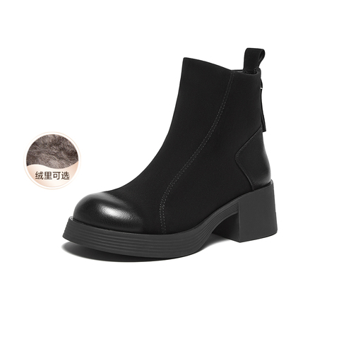 百思图2024冬季新款商场同款简约通勤时装靴粗跟女短靴U6588DD4