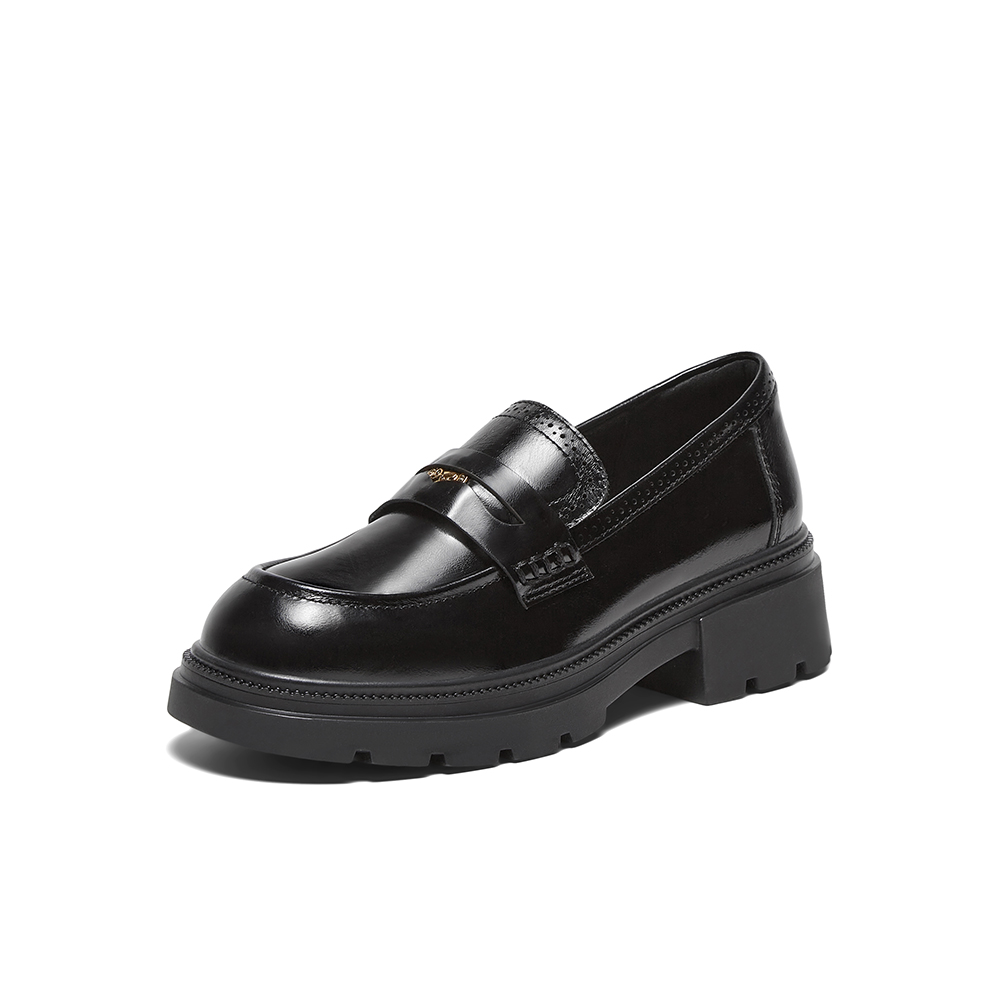 百思图2025春季新款时尚复古学院风乐福鞋粗跟圆头女单鞋TFW88AA5