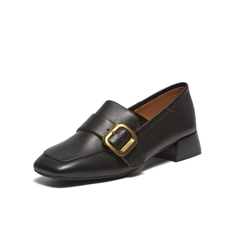 百思图2025春季新款简约金属口乐福鞋粗跟方头女单鞋A2595AA5