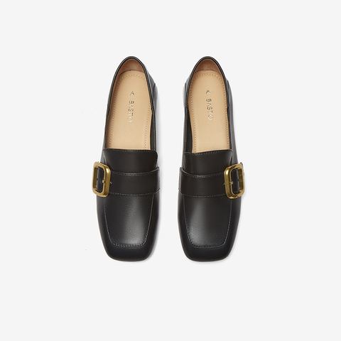 百思图2025春季新款简约金属口乐福鞋粗跟方头女单鞋A2595AA5