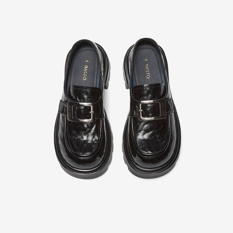 百思图2025春季新款商场同款简约金属扣乐福鞋粗跟女单鞋M3011AM5