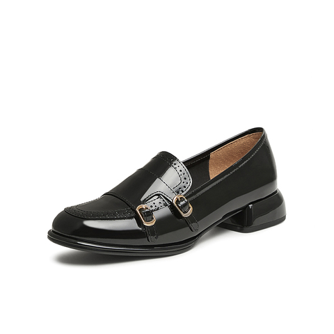 百思图2025春季新款时尚通勤乐福鞋粗跟圆头女单鞋A1819AA5