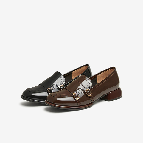 百思图2025春季新款时尚通勤乐福鞋粗跟圆头女单鞋A1819AA5