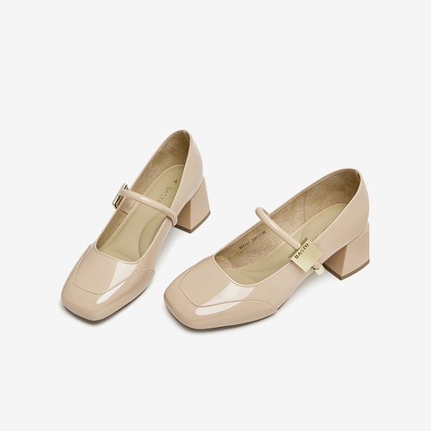 百思图2025春季新款时尚简约法式玛丽珍鞋粗跟女单鞋M1111AQ5