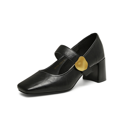 百思图2025春季新款时尚复古玛丽珍鞋粗跟方头女单鞋M1509AQ5