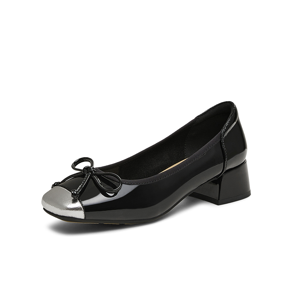 百思图2025春季新款商场同款时髦蝴蝶结粗跟方头女单鞋W6791AQ5