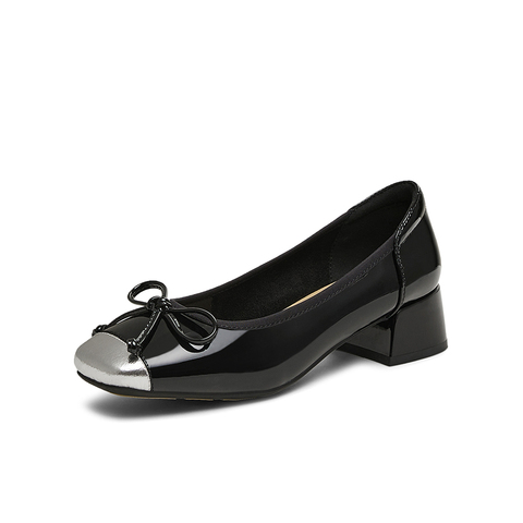 百思图2025春季新款商场同款时髦蝴蝶结粗跟方头女单鞋W6791AQ5