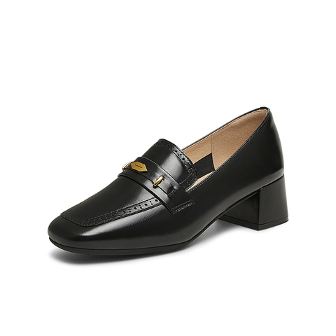 百思图2025春季新款商场同款简约通勤乐福鞋粗跟女单鞋A3876AA5