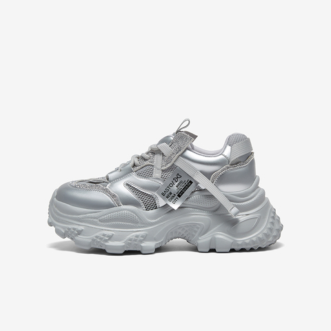 百思图2025夏新款商场同款时尚银色老爹鞋厚底女休闲鞋鞋B2155BM5