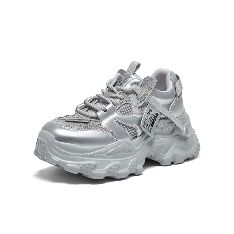 百思图2025夏新款商场同款时尚银色老爹鞋厚底女休闲鞋鞋B2155BM5