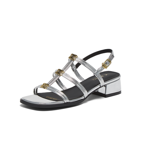 百思图2025夏季新款时尚潮流复古风罗马凉粗跟女凉鞋B5378BL5