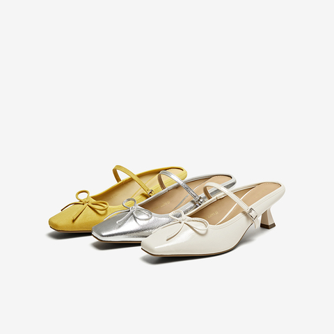 百思图2025夏季新款时尚蝴蝶结穆勒拖方头细跟女拖鞋鞋B1995BH5