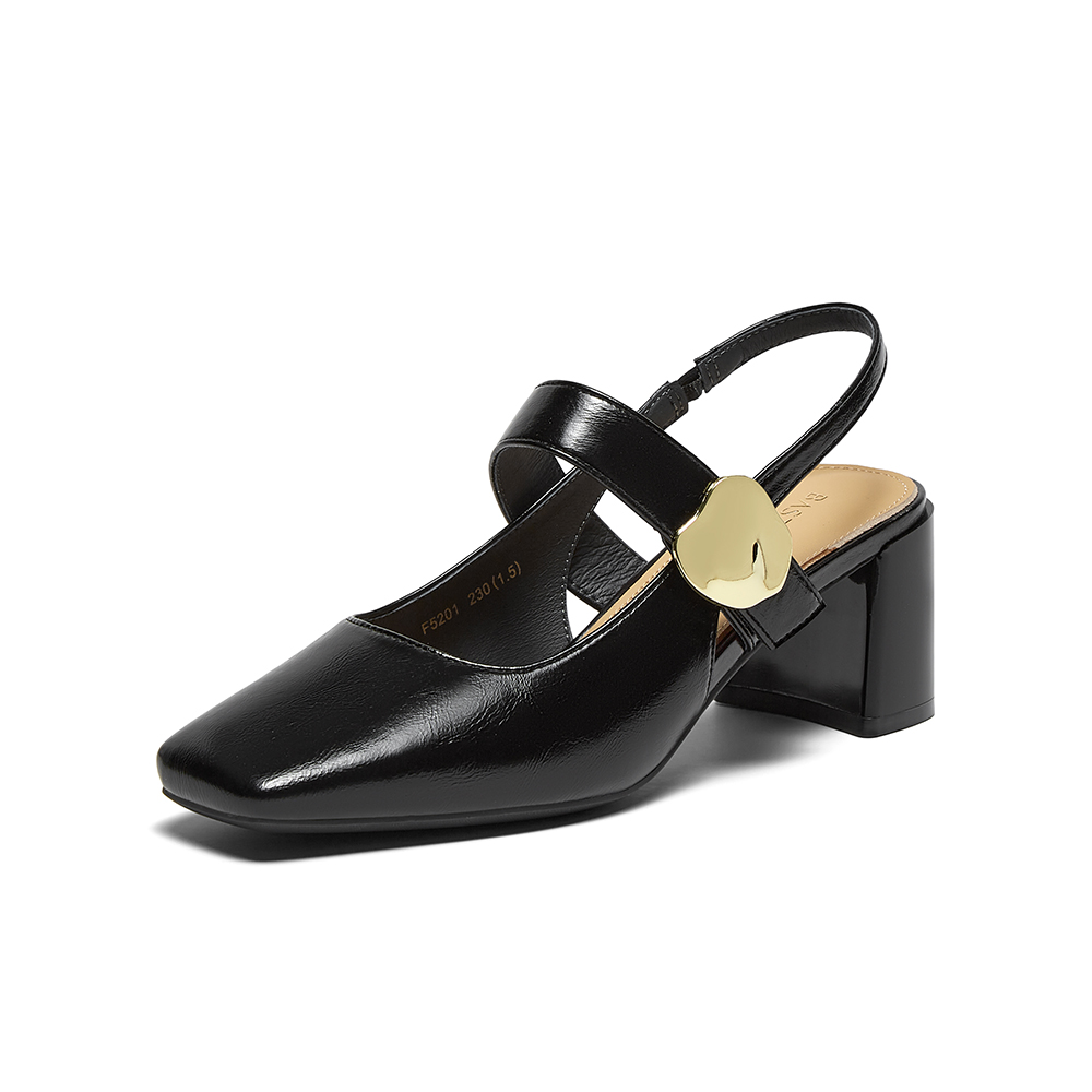 百思图2025夏季新款商场同款简约粗高跟方头后空女凉鞋鞋F5201BH5