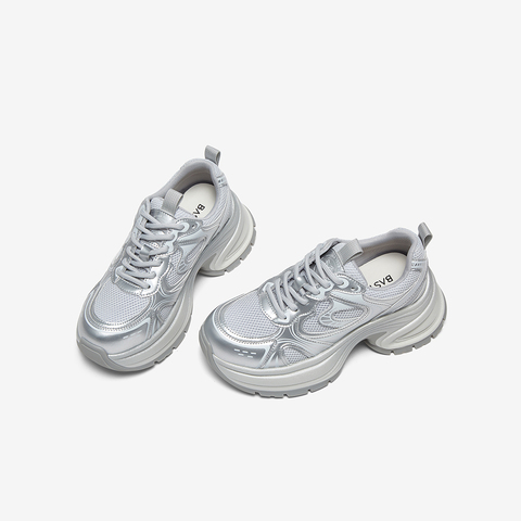 百思图2025夏季新款时尚户外银色老爹鞋厚底增高女休闲鞋D3018BM5