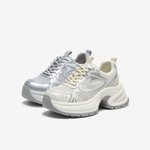 百思图2025夏季新款时尚户外银色老爹鞋厚底增高女休闲鞋D3018BM5