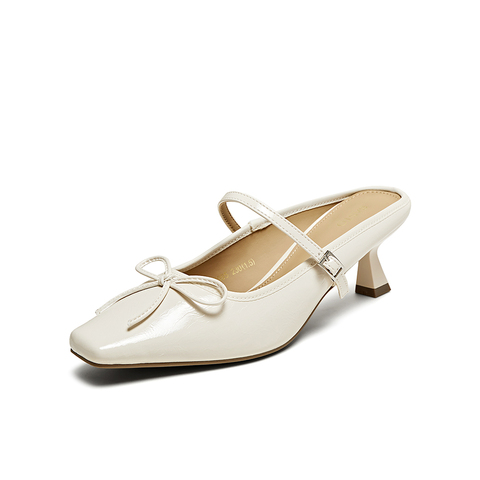 百思图2025夏季新款时尚蝴蝶结穆勒拖方头细跟女拖鞋鞋B1995BH5