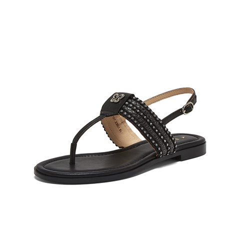 百思图2025夏季新款时尚复古户外休闲一字带夹趾女凉鞋C2107BL5