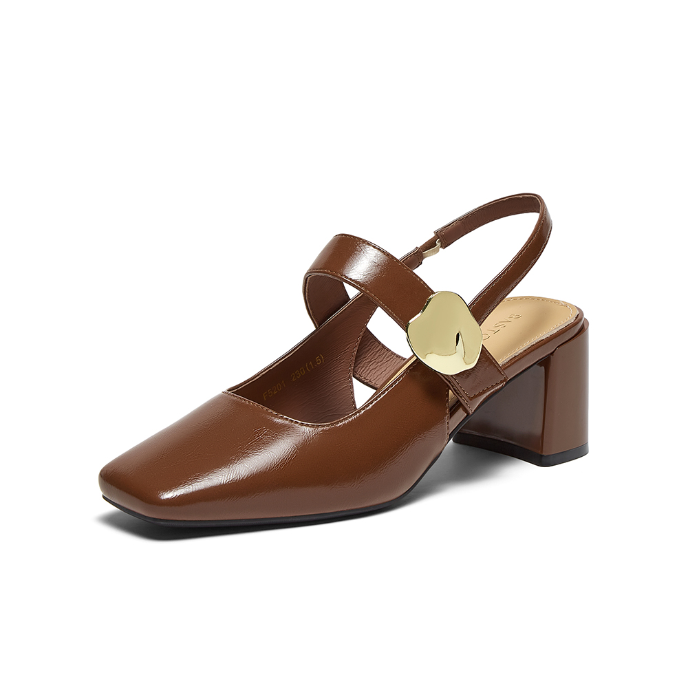 百思图2025夏季新款商场同款简约粗高跟方头后空女凉鞋鞋F5201BH5