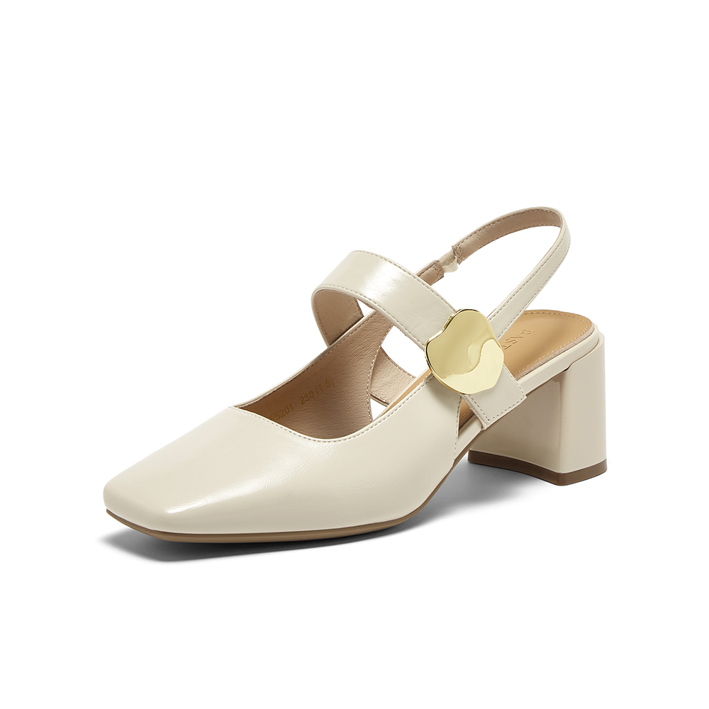 百思图2025夏季新款商场同款简约粗高跟方头后空女凉鞋鞋F5201BH5