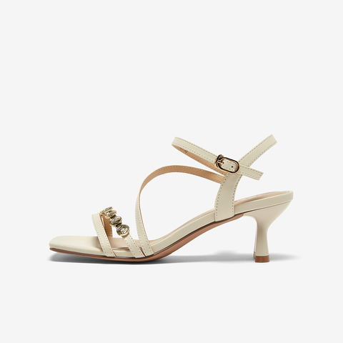 百思图2025夏季新款时尚潮流通勤一字带粗高跟女凉鞋C6602BL5