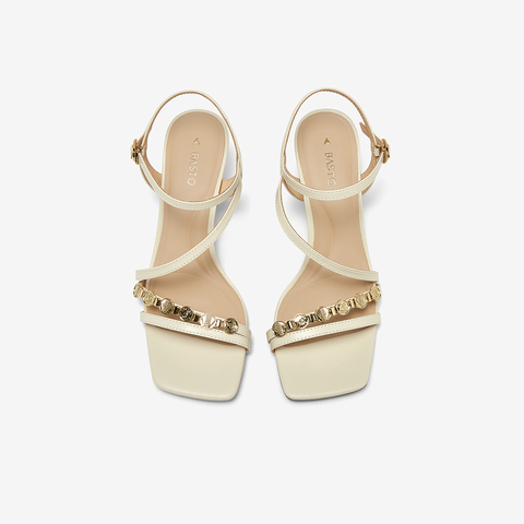 百思图2025夏季新款时尚潮流通勤一字带粗高跟女凉鞋C6602BL5