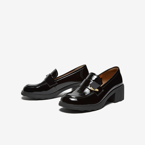 百思图2025秋季新款商场同款乐福鞋时尚通勤粗跟女单鞋O8138CA5